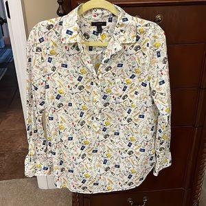 J Crew cotton button up blouse 6 travel theme print